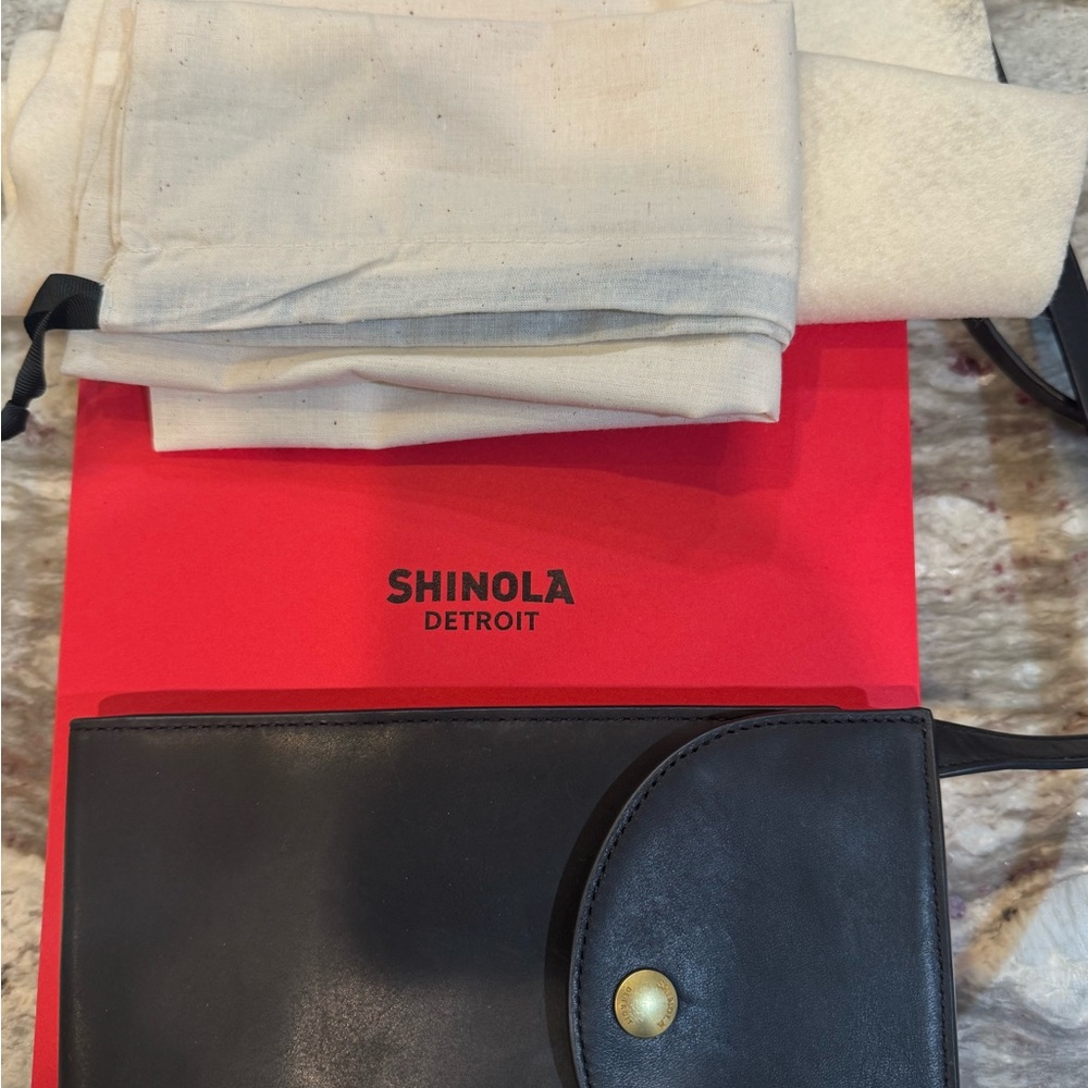 Shinola Black Leather Pouch with Gold Button